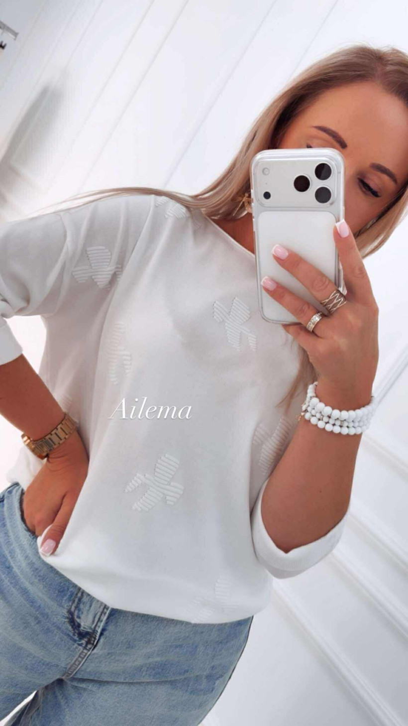 Sweter z wytłoczeniami N.EVERYDAY B499  krótki podwijany rękaw 