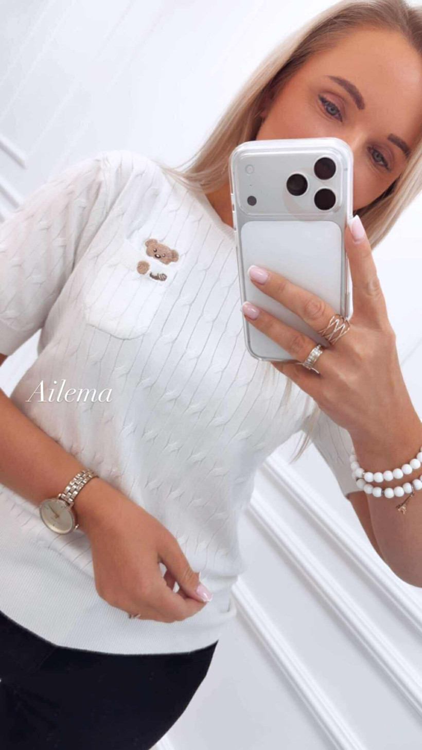 Sweterek z krótkim rękawem prążek FL203 kieszonka z wyszywanym misiem 