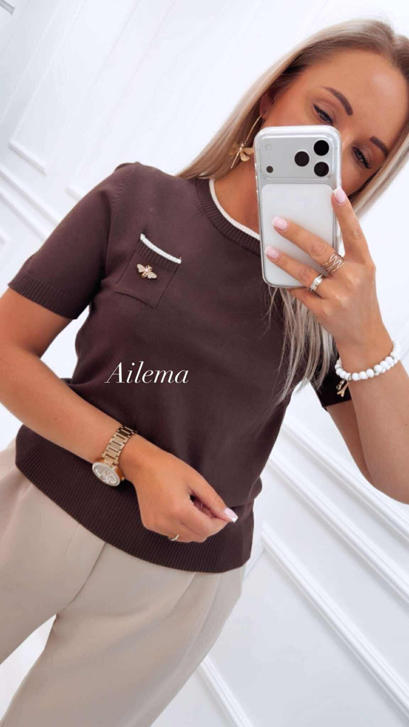 Sweterek z krótkim rękawem FL213 kieszonka z broszką osa