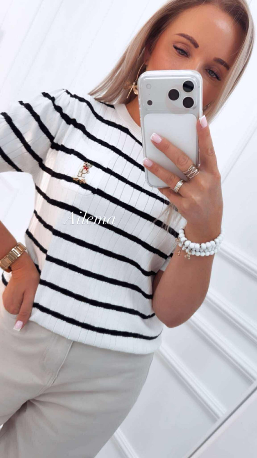 Sweterek krótki rękaw w paski FL201 wyszywany miś na kieszonce