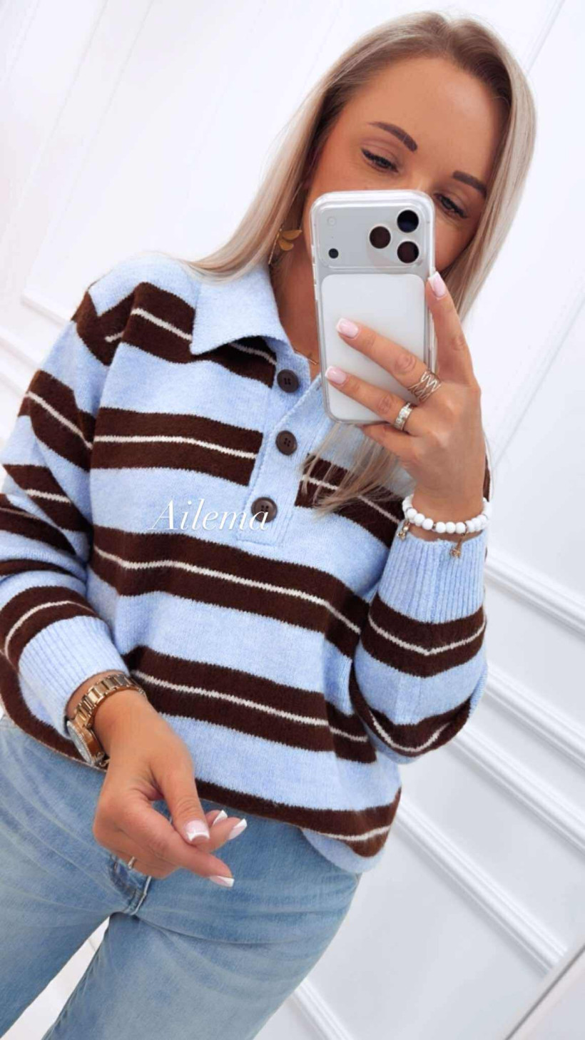 Sweter w paski JEAN LOUIS FRANCOISE AH67571 z kołnierzykiem,    dekolt na guziczki