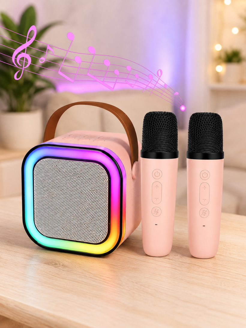 Głośnik Bluetooth karaoke + 2 mikrofony LED RGB różowy