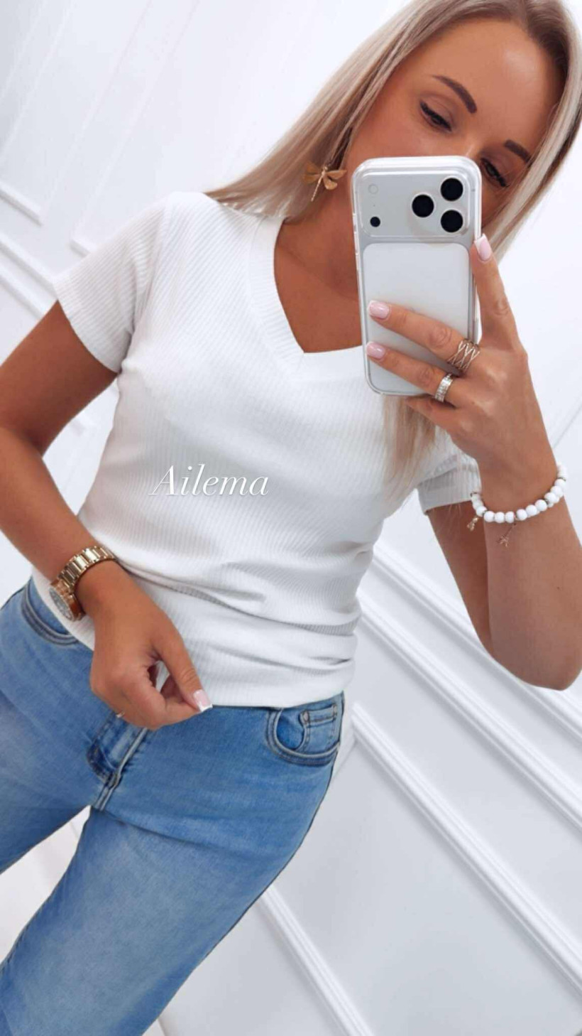 Bluzka dekolt V prążek AC205 z krótkim rękawem 