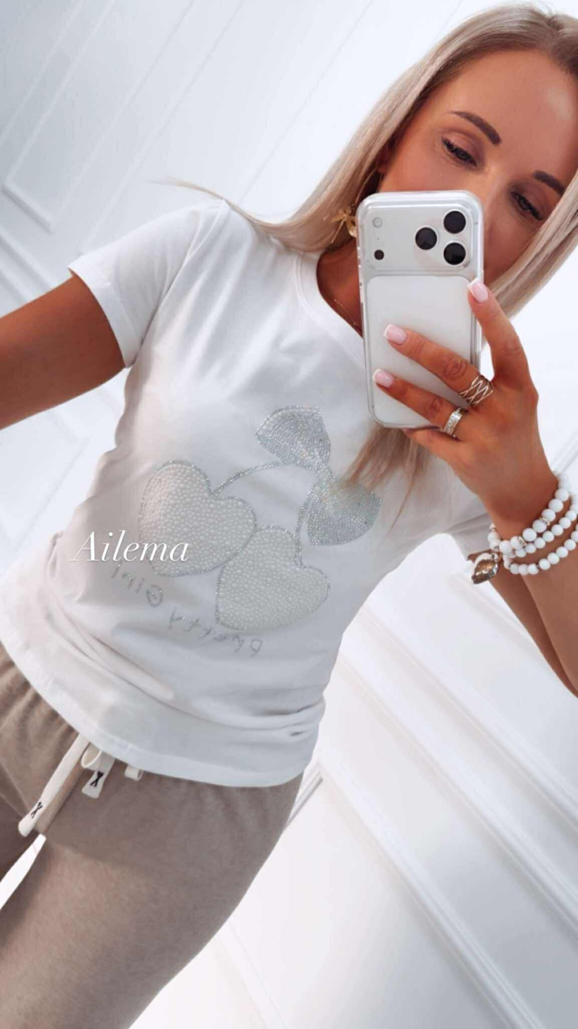 Koszulka z krótkim rękawem i okrągłym dekoltem WP0802 cyrkoniowe wisienki z napisem