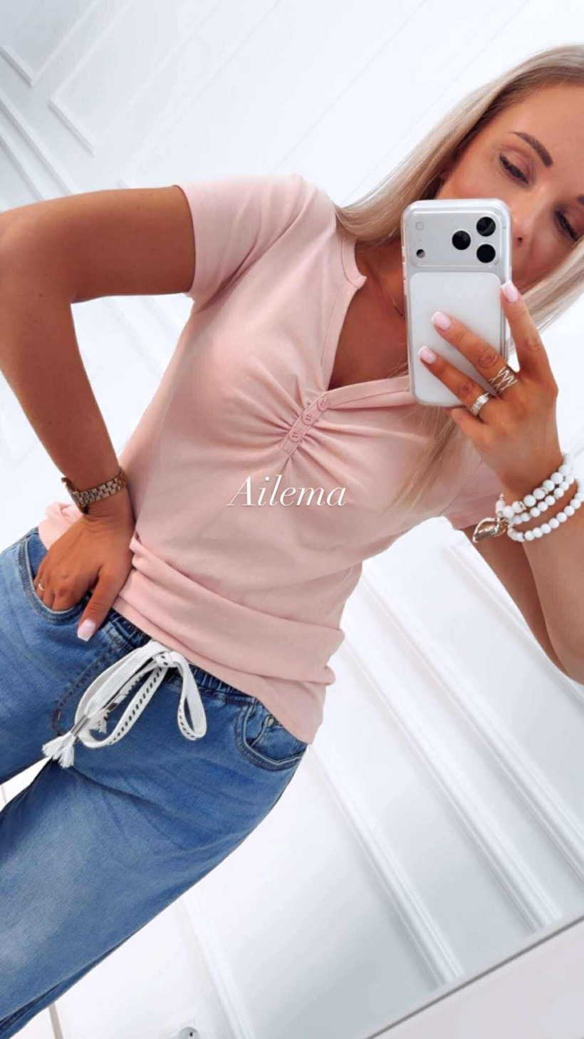 Bluzka z krótkim rękawem WP0829  marszczony dekolt z guziczkami WP0829 