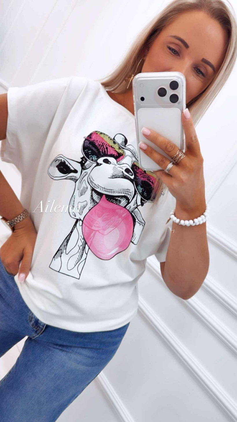 Bluzeczka Awsarre krótki rękaw 4872 żyrafa w błyszczących okularach z gumą balonową 