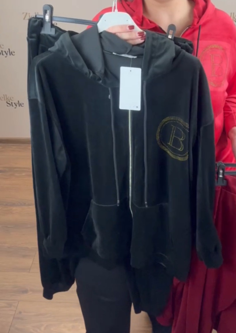 Dres welurowy bluza na zamek z kapturem + spodnie - złote B - 9697 - czarny