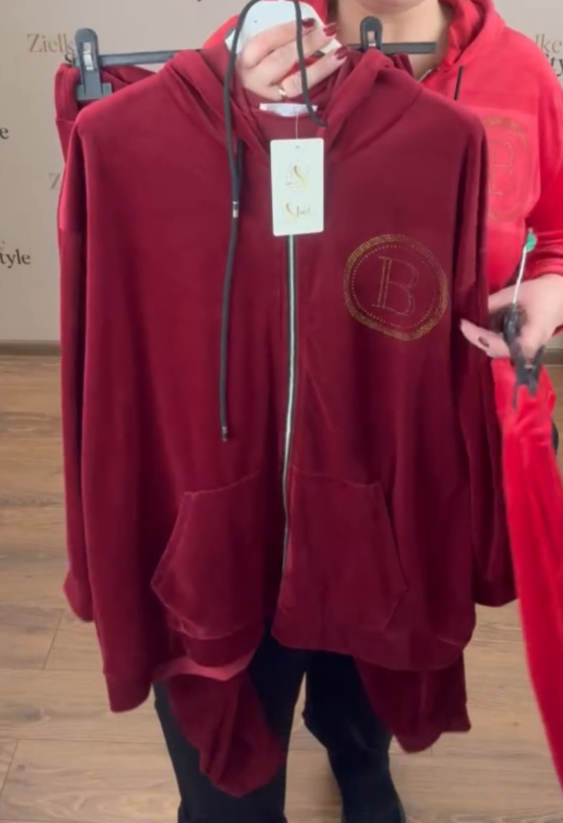 Dres welurowy bluza na zamek z kapturem + spodnie - złote B   - 9697 -  bordo