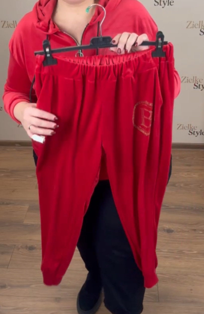  Dres welurowy bluza na zamek z kapturem + spodnie - złote B - 9697 -  czerwony