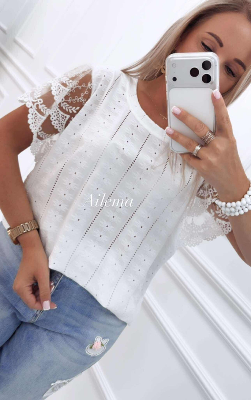 Elegancka bluzeczka ażurkowa BG13 z koronkowymi rękawami i siateczką 