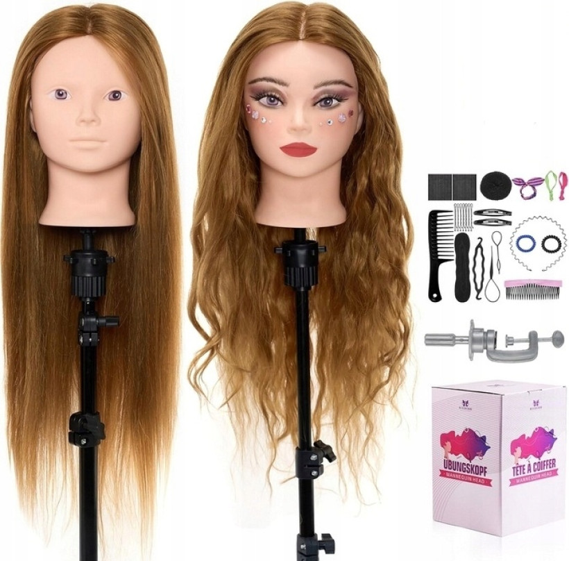 Brand Głowa manekina fryzjerska 71 cm, 80% naturalnych włosów, do makijażu, zaplatania, kręcenia 