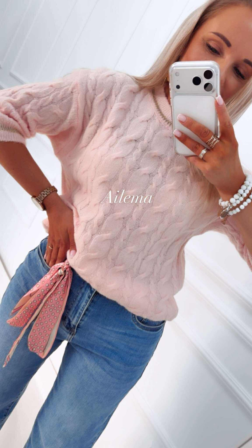 Sweter warkocz krótki rękaw 198 złoty dodatek na szyi i rękawach