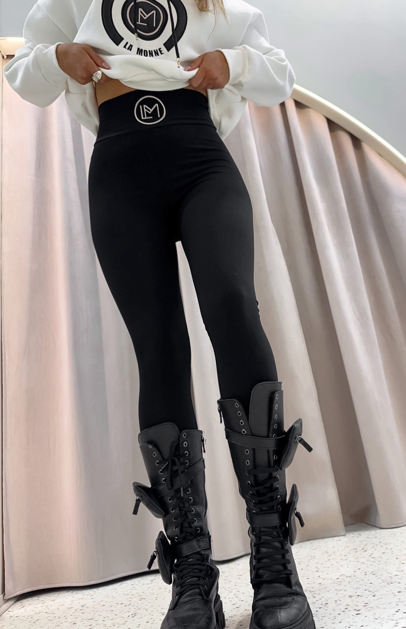 Leginsy LA MONNE czarne prążkowane z logo