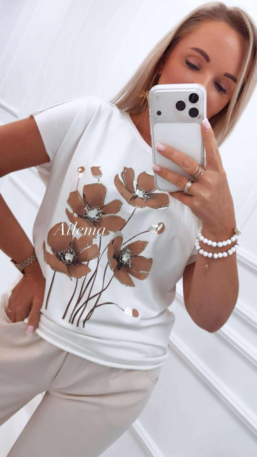 Bluzka Awsarre z krótkim rękawem i okrągłym dekoltem 4889 kwiaty z cyrkoniami