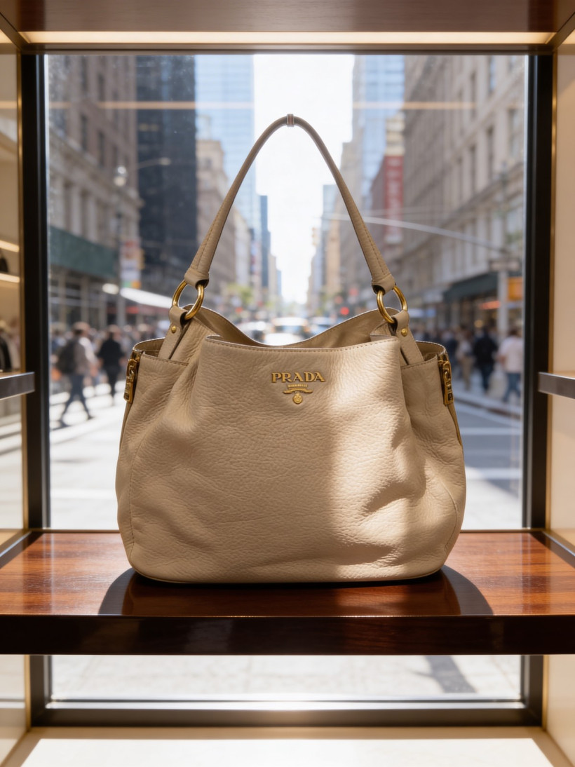 PRADA Vitello Daino Leather Hobo Nude Bag