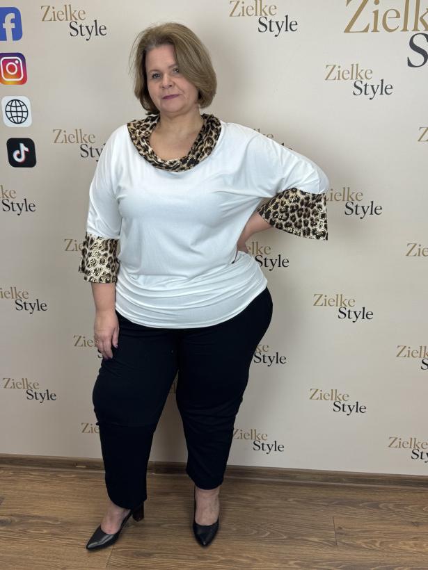 Italia nr 6 - Tunika jednokolorowa z panterkowym wykończeniem - och - 26562 - śmietanka