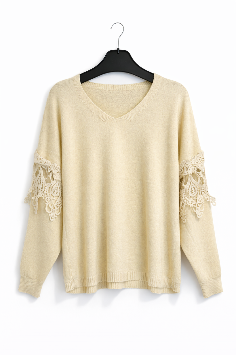 Sweter rękaw koronka beżowy 1579