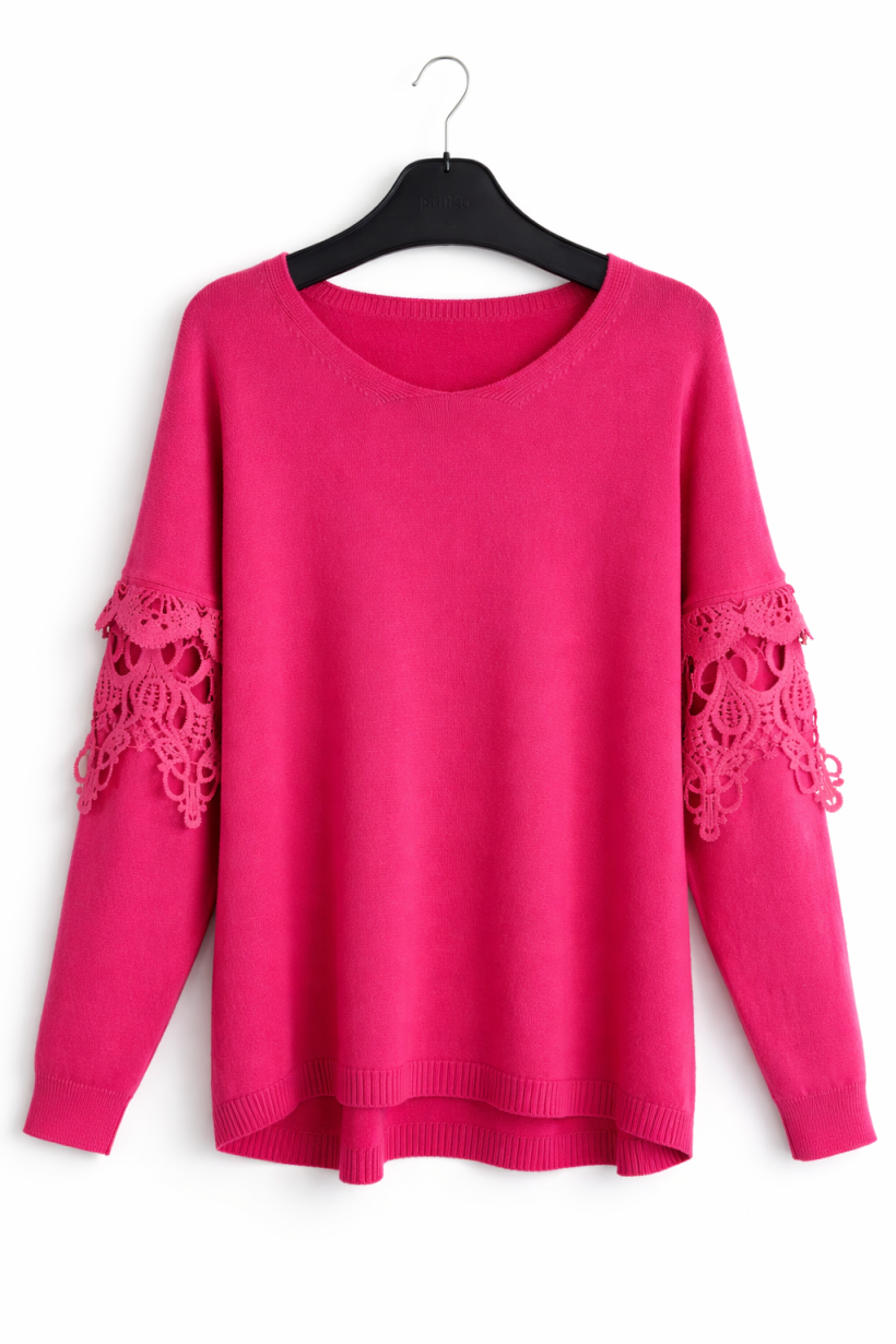 Sweter rękaw koronka różowy 1579