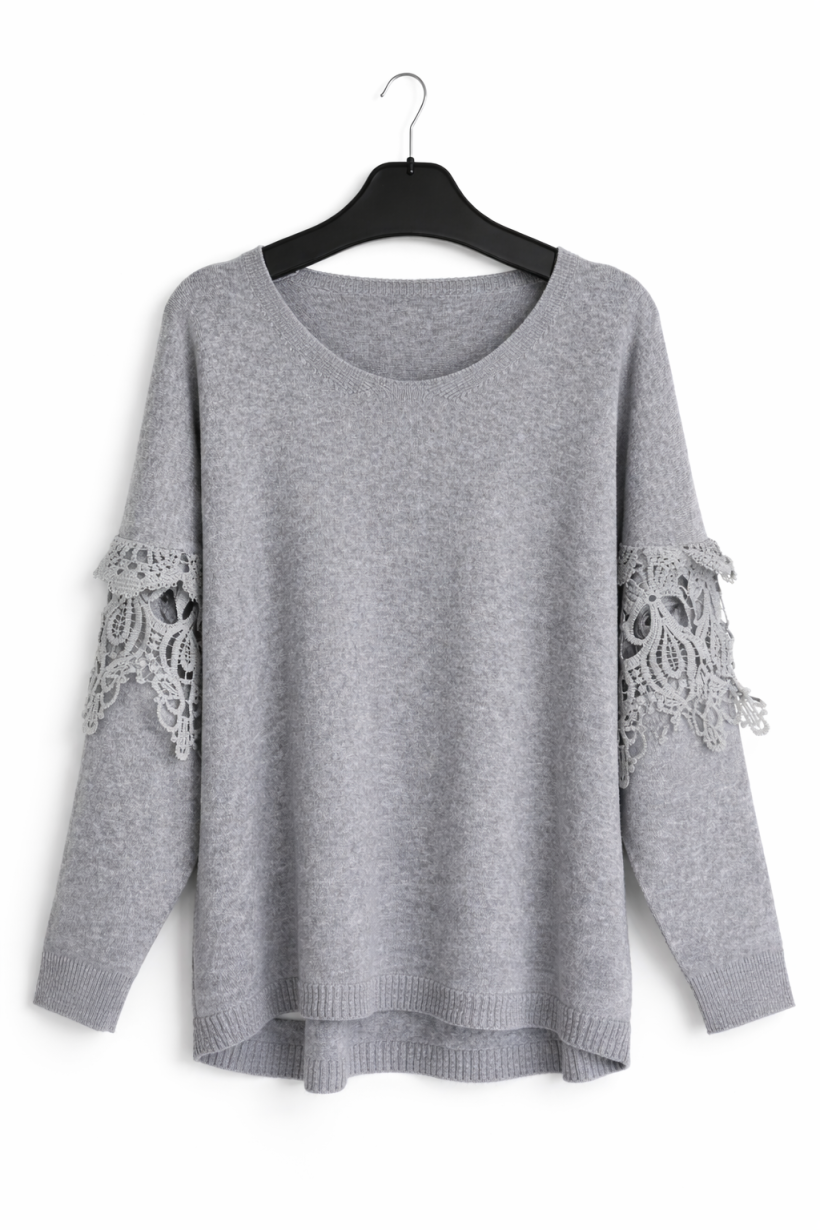 Sweter rękaw koronka szary 1579