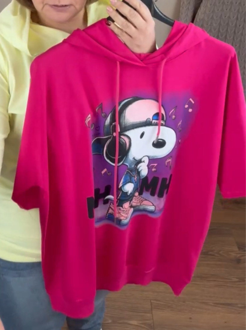 Bluzka z kapturem, krótki rękaw, snoopy - 3842 - fuksja