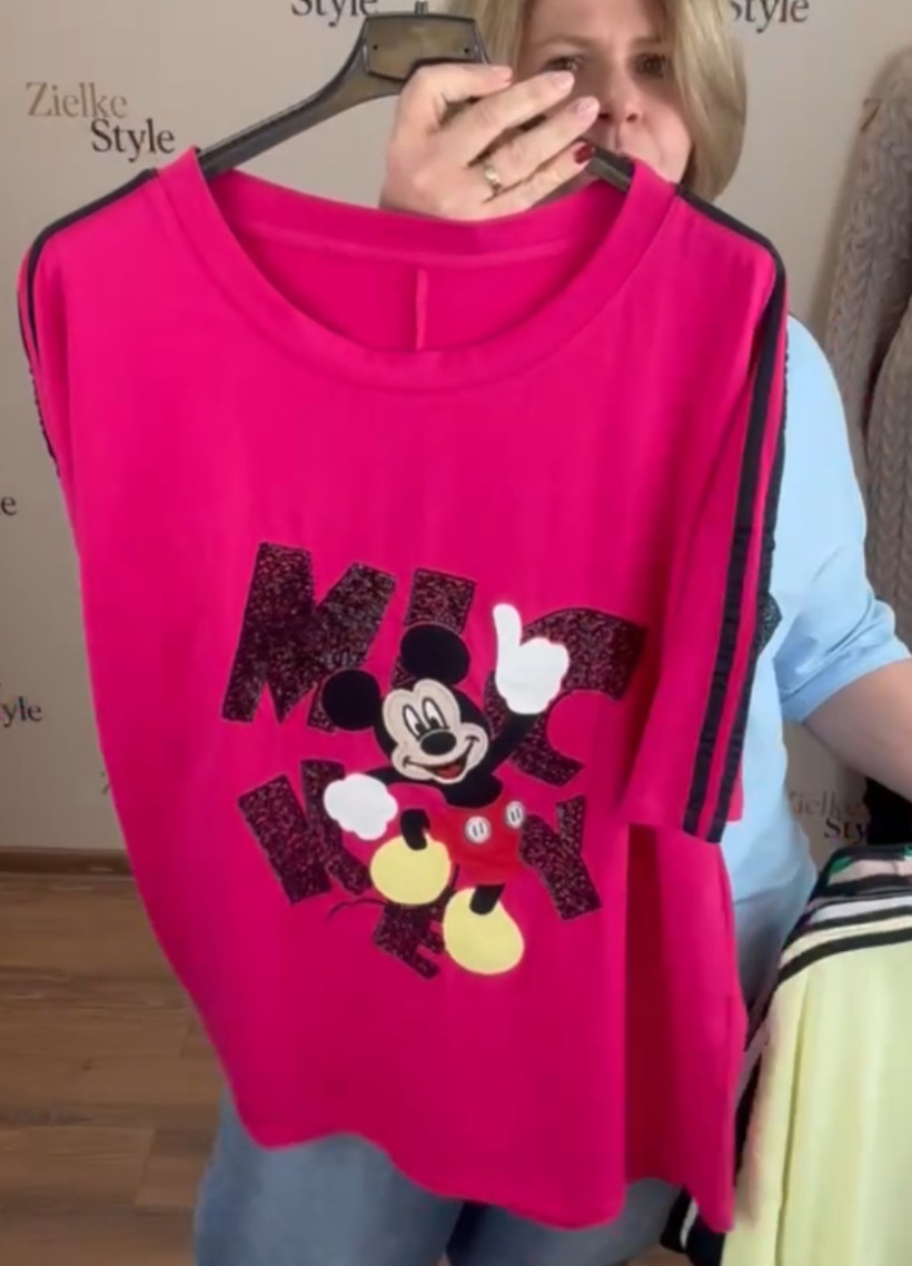 Bluzka jednokolorowa z lampasami na rękawie, myszka miki - 4043 - fuksja