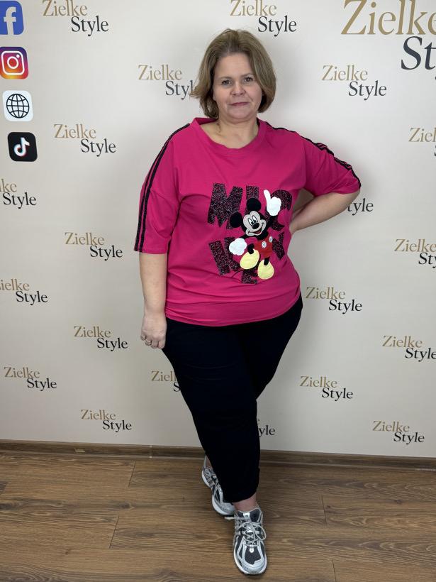 Bluzka jednokolorowa z lampasami na rękawie, myszka miki - 4043 - fuksja