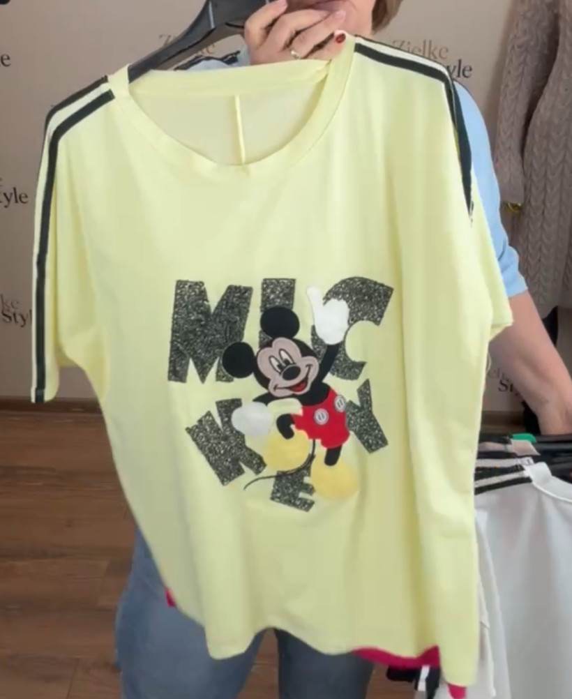 Bluzka jednokolorowa z lampasami na rękawie, myszka miki - 4043 - żółta