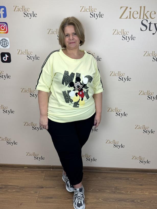 Bluzka jednokolorowa z lampasami na rękawie, myszka miki - 4043 - żółta