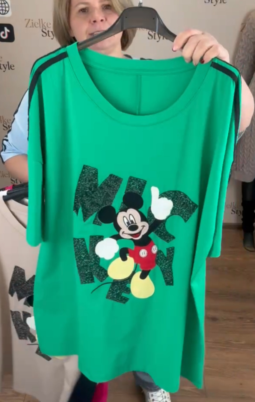 Bluzka jednokolorowa z lampasami na rękawie, myszka miki - 4043 - zielony