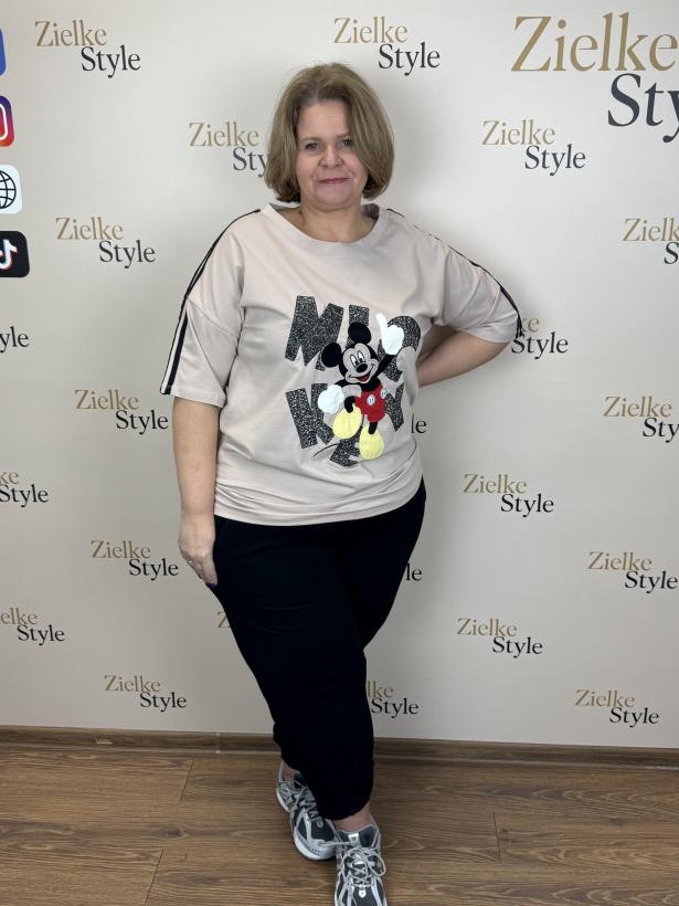 Bluzka jednokolorowa z lampasami na rękawie, myszka miki - 4043 - fango