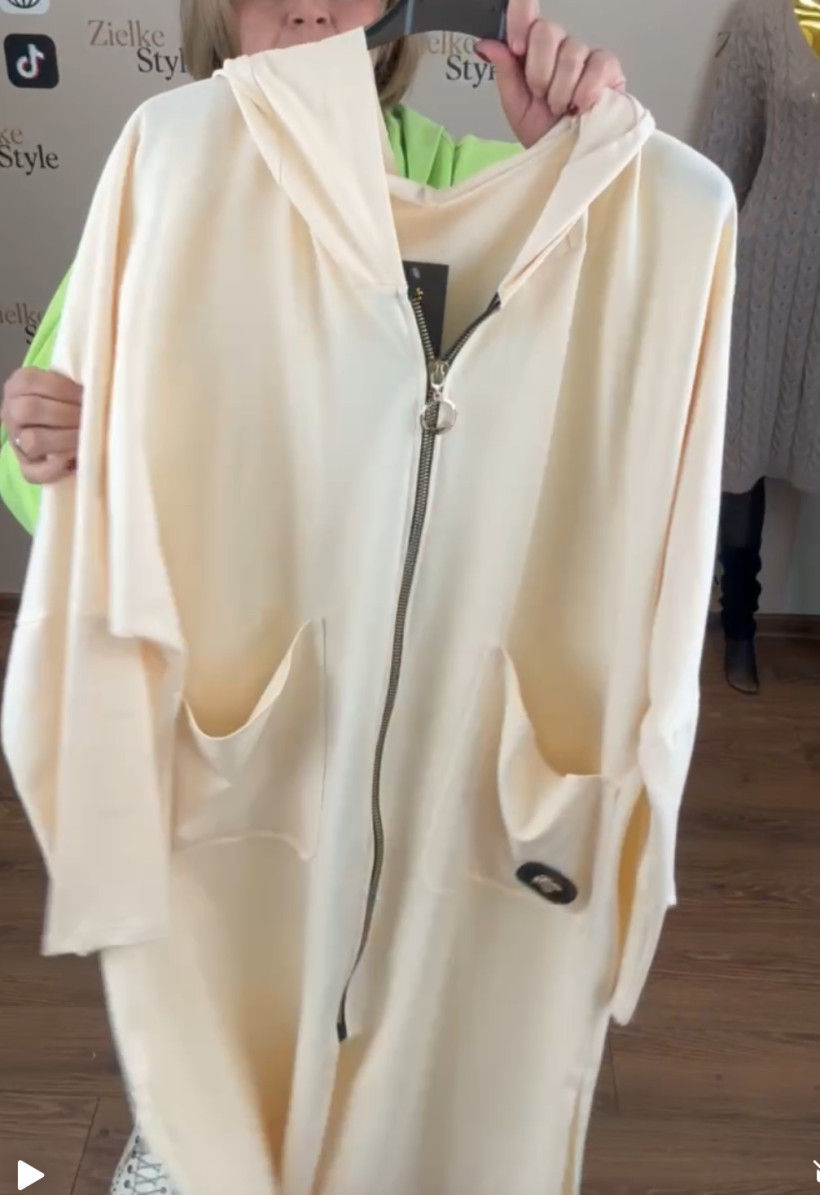 Bluza / płaszczyk długi z kapturem na zamek, mf -13910 - krem