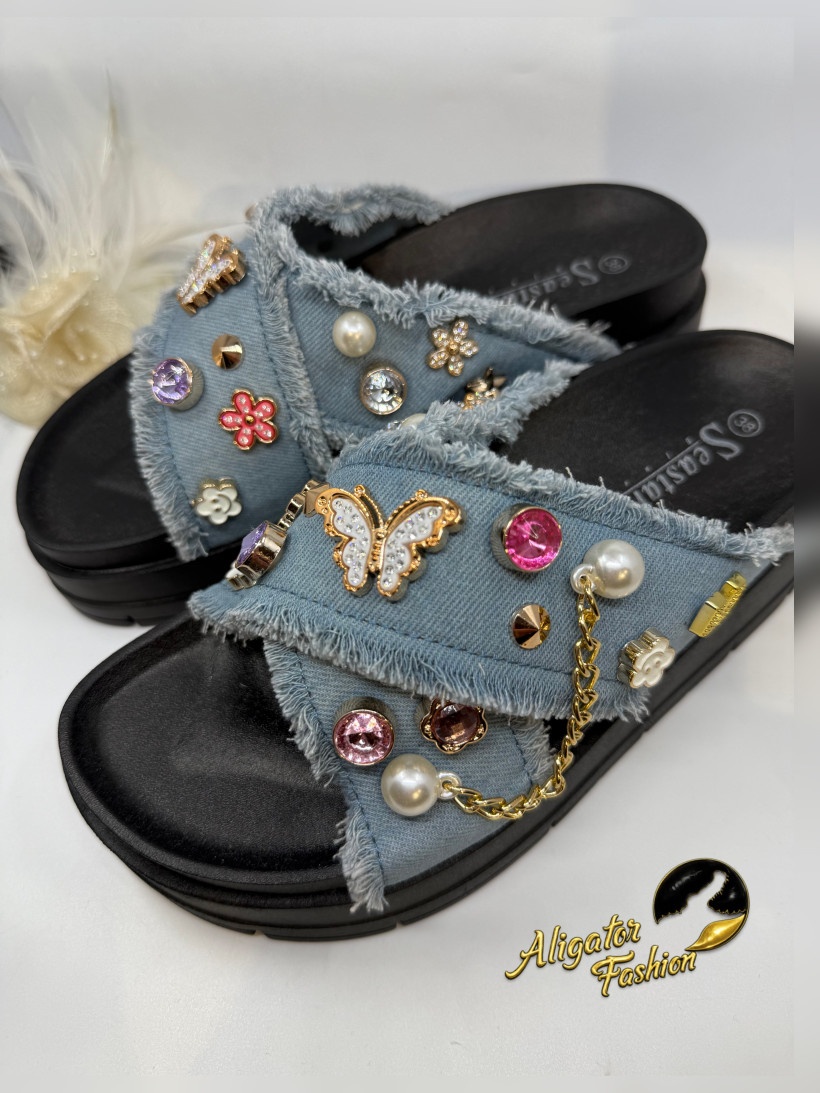 Klapki jeans koturn Seastar 
