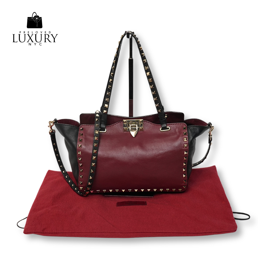 VALENTINO GARAVANI Rockstud Red Wine/Black 2way Tote Bag