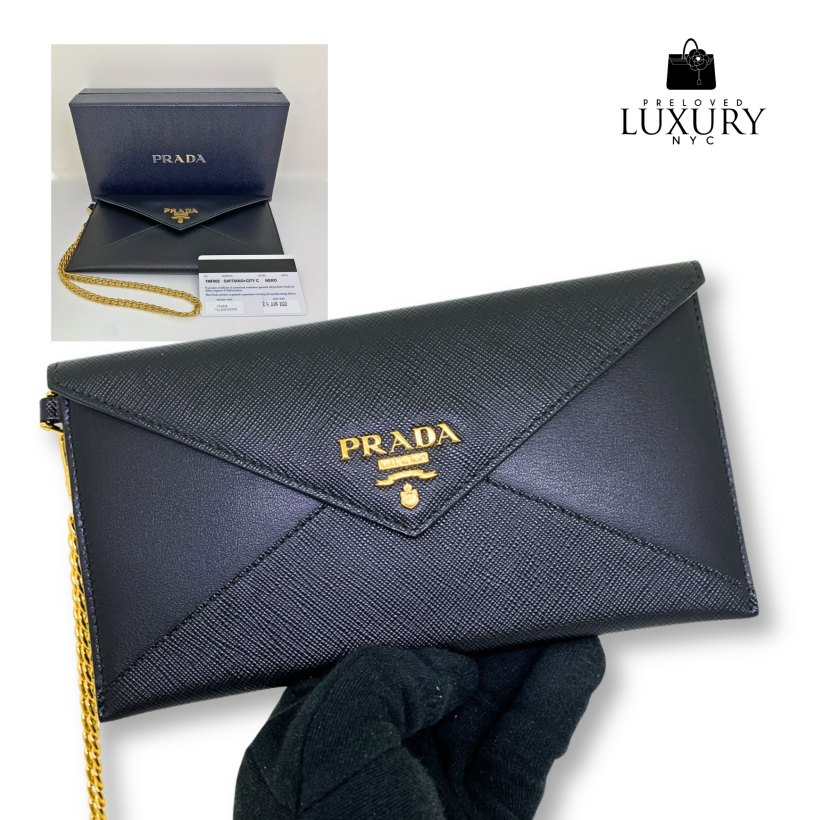  PRADA Black Leather SLG Saffiano Chain Clutch GHW 1MF002
