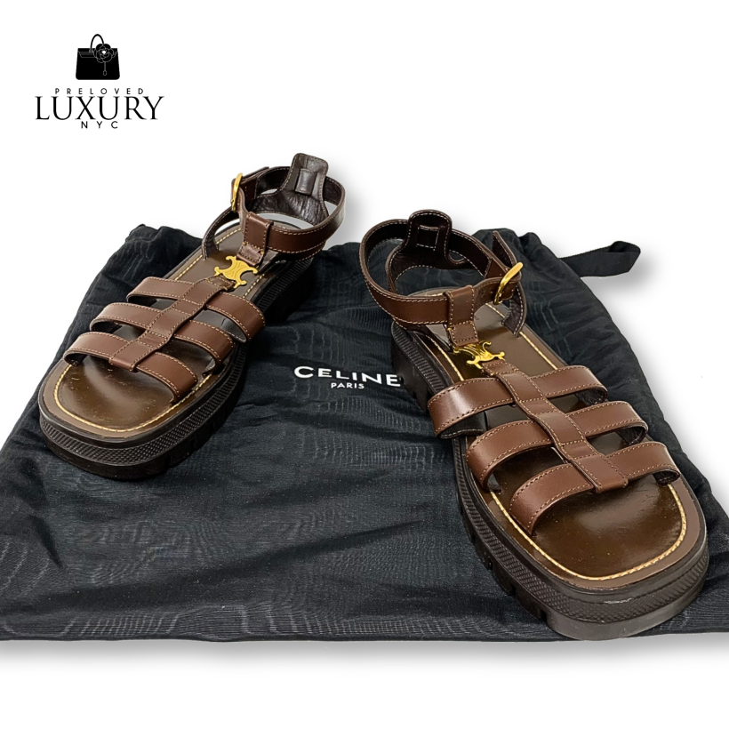 CELINE Brown Clea Triomphe Gladiator Chunky Calfskin Sandals Size 39
