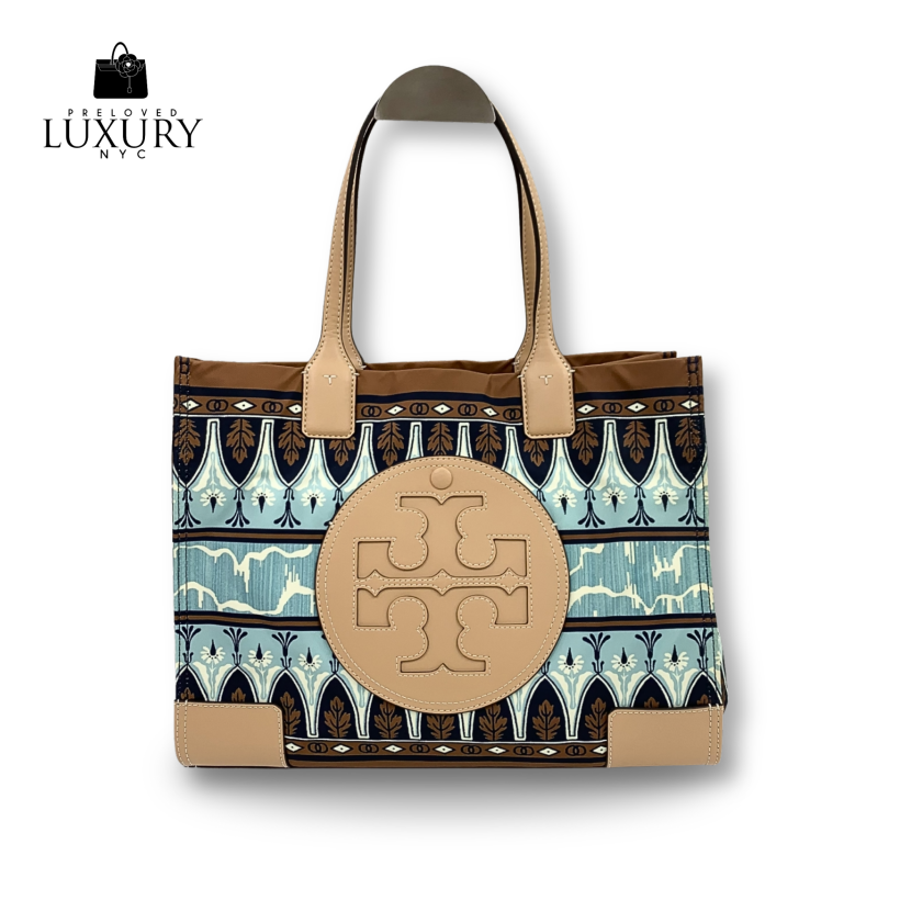 TORY BURCH Beige/Blue/Brown Nylon/Leather Ella Printed Tote