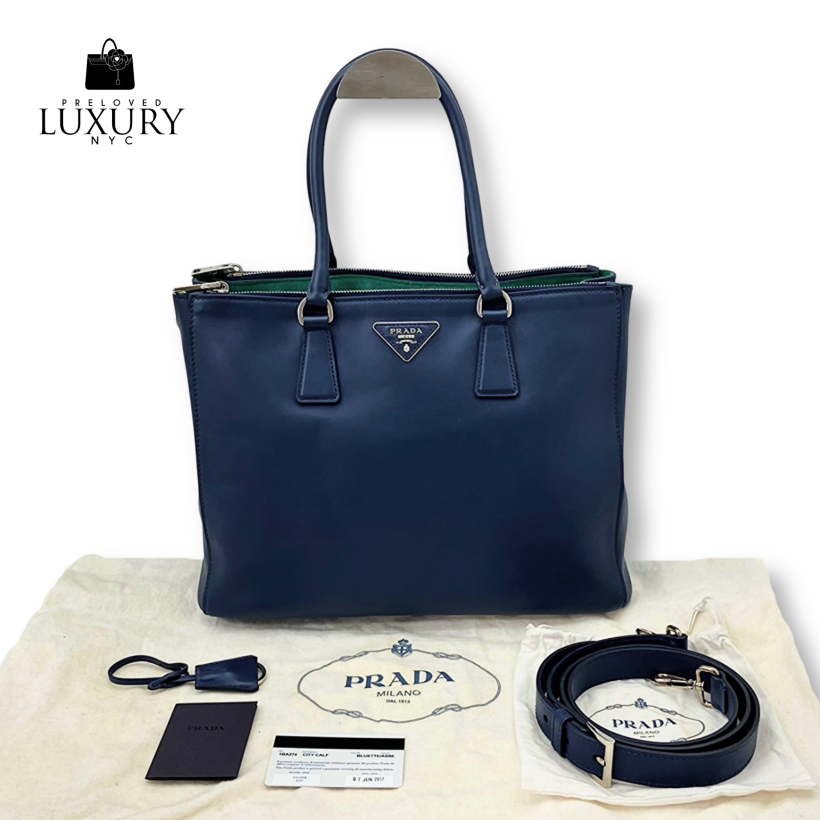 PRADA Navy Leather 1Ba274 Double Zip 2Way Tote City Calf Bag