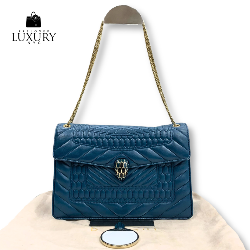 BVLGARI Blue/Green Bag Serpenti Lambskin Quilted Chain Shoulder w/ Mirror