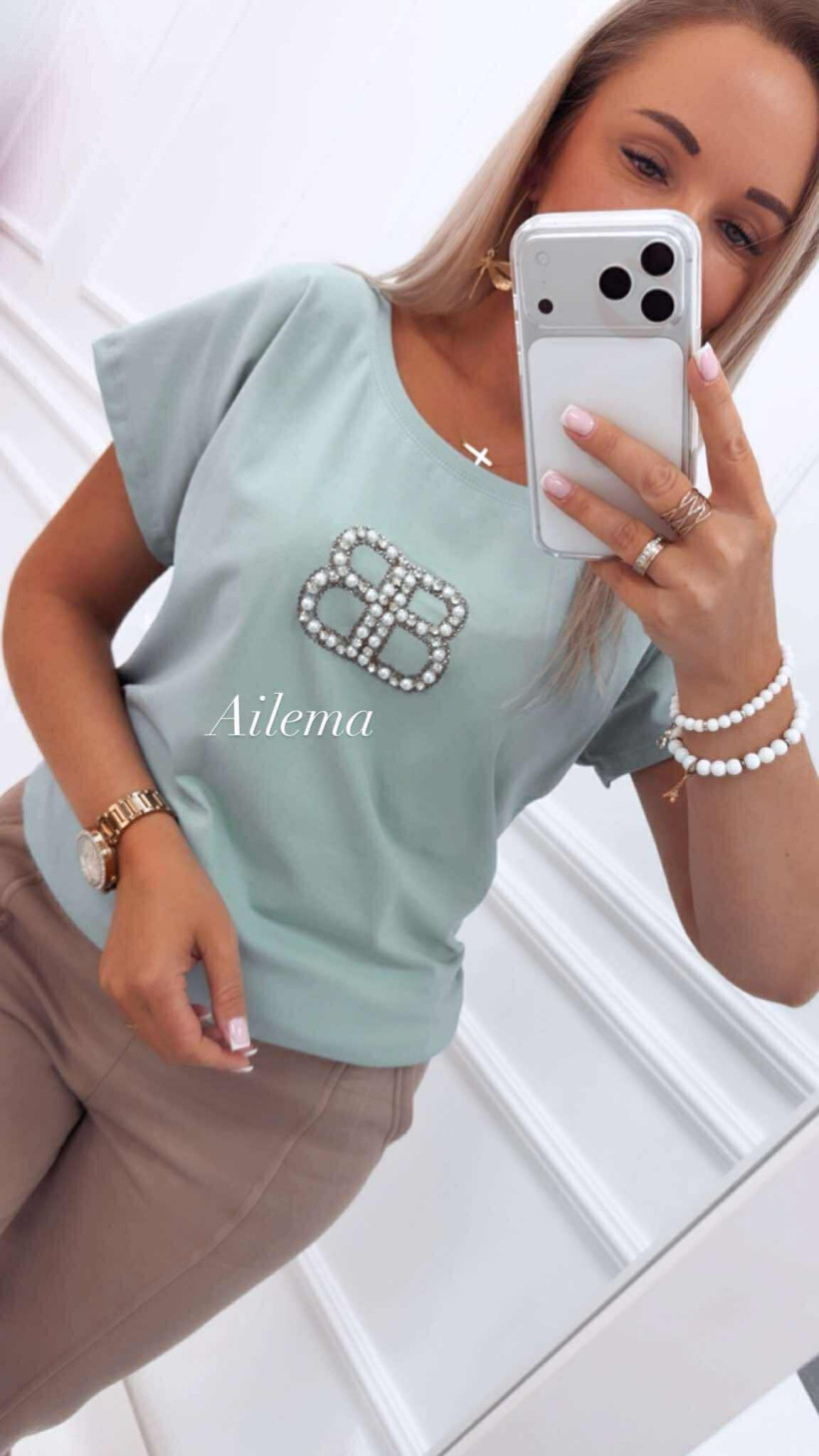 Bluzka Awsarre z krótkim rękawem i okrągłym dekoltem 4882 perełkowy wzór