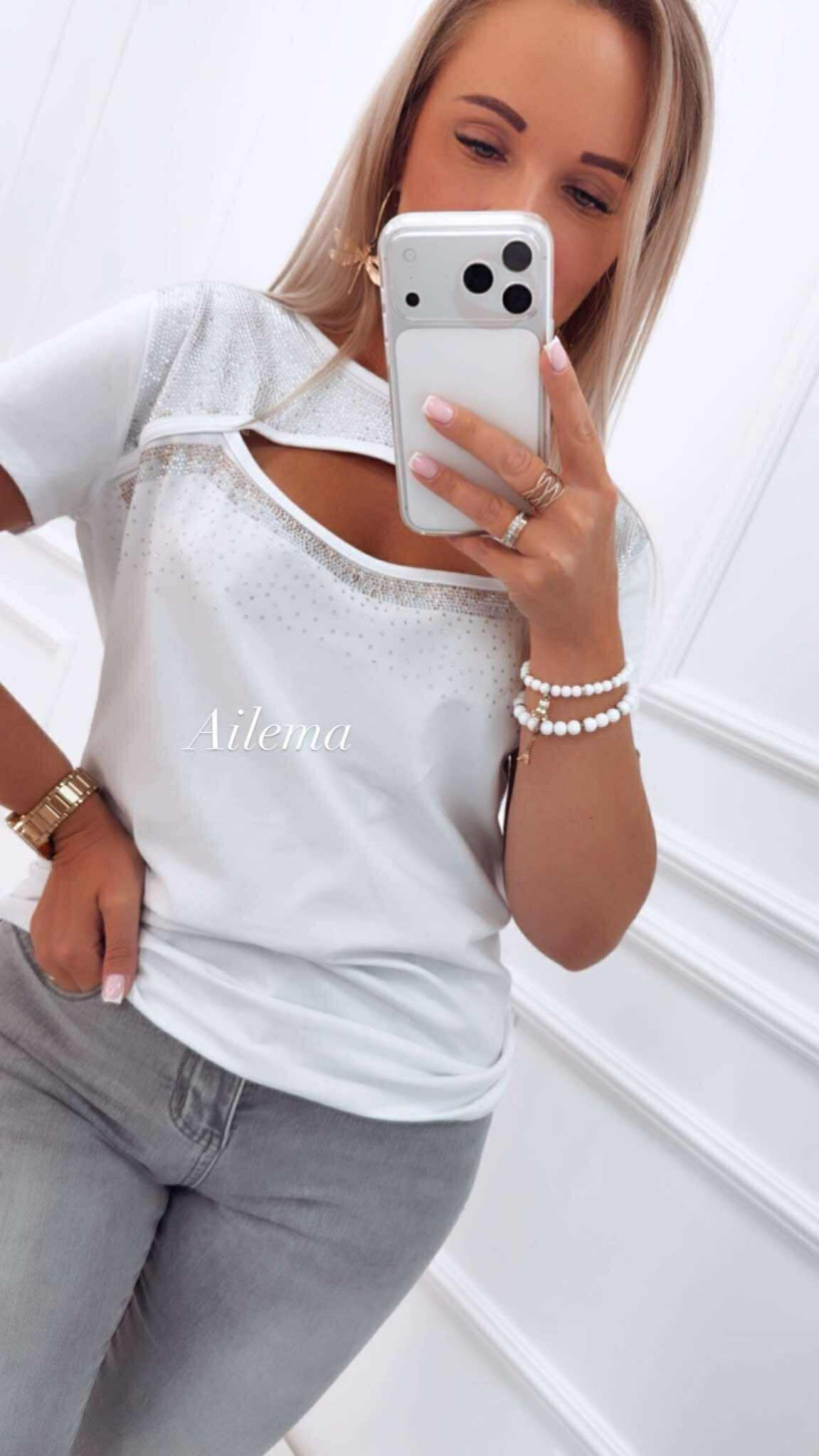 Bluzka Awsarre z krótkim rękawem i okrągłym dekoltem 4425 cyrkoniowa z wyciętym dekoltem 