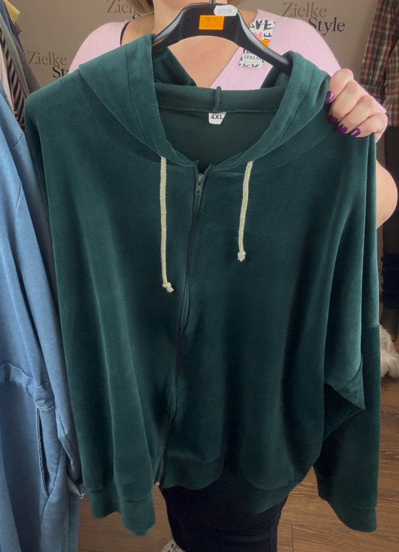 Bluza welurowa na zamek z kapturem - 13947 - butelkowa zieleń