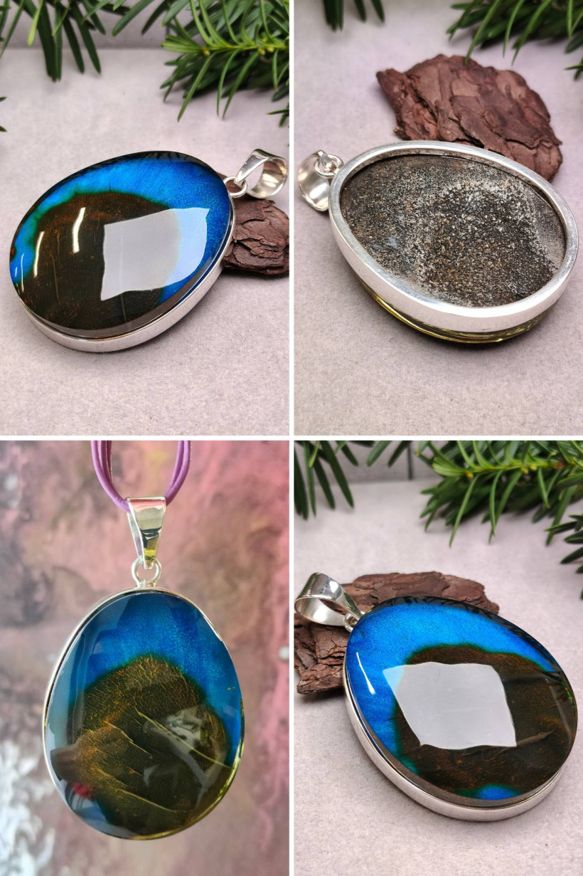 Unikatowy wisior z bursztynu bałtyckiego i piaskiem – niebiesko-brązowy efekt, srebro 925, rękodzieło