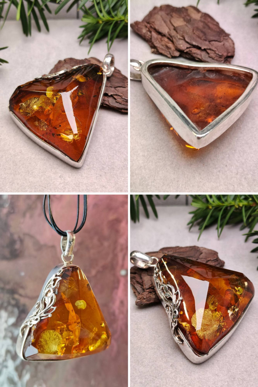Triangularny wisiorek z bursztynu bałtyckiego i srebra 925 – unikatowa handmade biżuteria