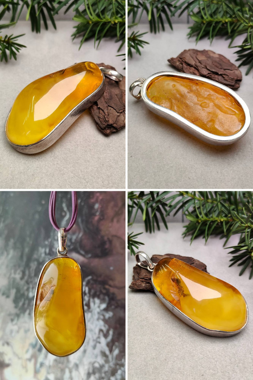Unikatowy wisior z naturalnego bursztynu bałtyckiego w srebrnej oprawie – ręcznie robiony, ciepły miód, biżuteria