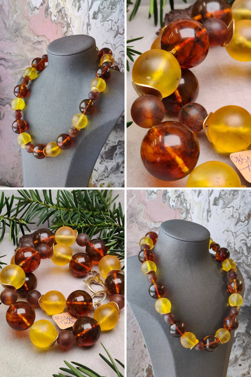 Długi naszyjnik z bursztynu bałtyckiego – duże kulki żółte i miodowe, rękodzieło handmade z Gdańska, unikatowa biżuteria naturalna