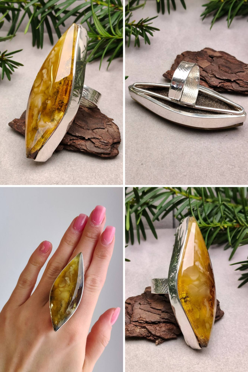 Unikatowy pierścień z bursztynu bałtyckiego rękodzieło srebrna oprawa bałtycki bursztyn pierścionek amber ring