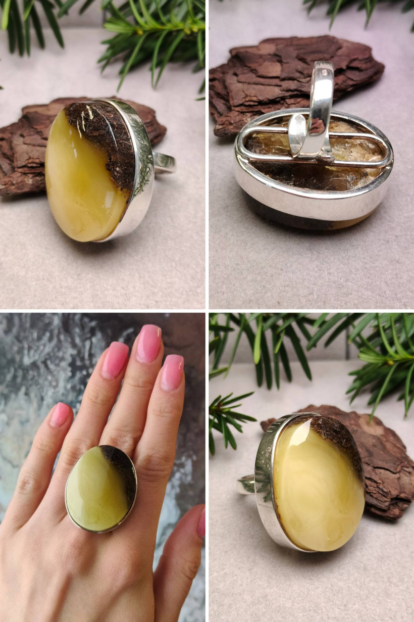 Duży pierścionek z bursztynu bałtyckiego dwubarwnego w srebrnej oprawie