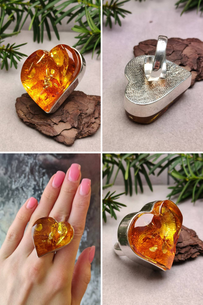 Pierścionek Serce z Bursztynu Bałtyckiego Srebro 925 Ręcznie Robiony Romantyczny
