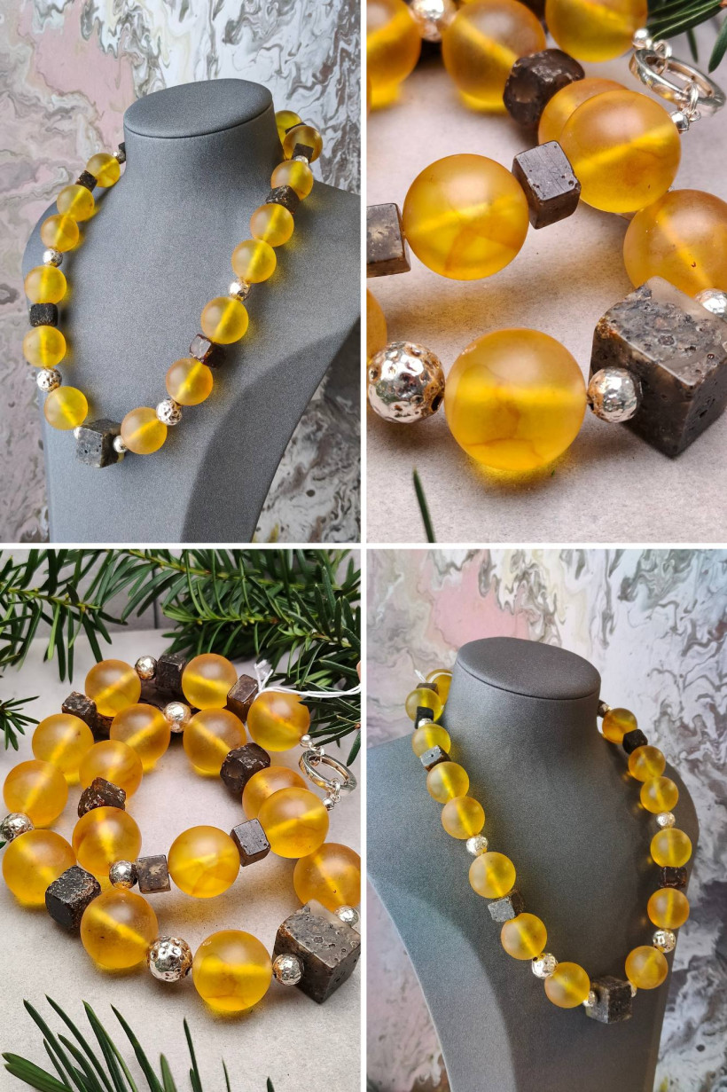 Naszyjnik z Bursztynu Bałtyckiego z Hematytem Ręcznie Robiony Unikat