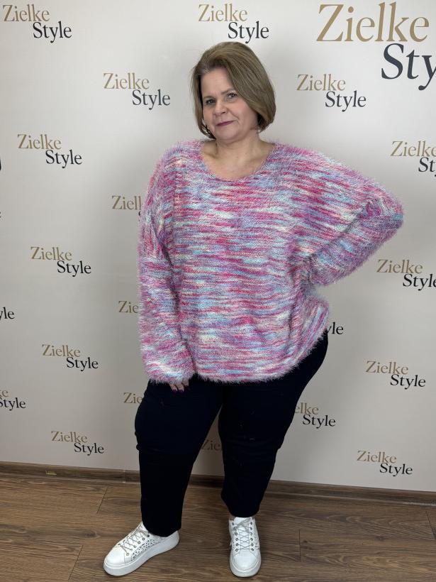 Sweter nietoperz multikolor, włochaty, mf - 13979 - róż/żółty/niebieski